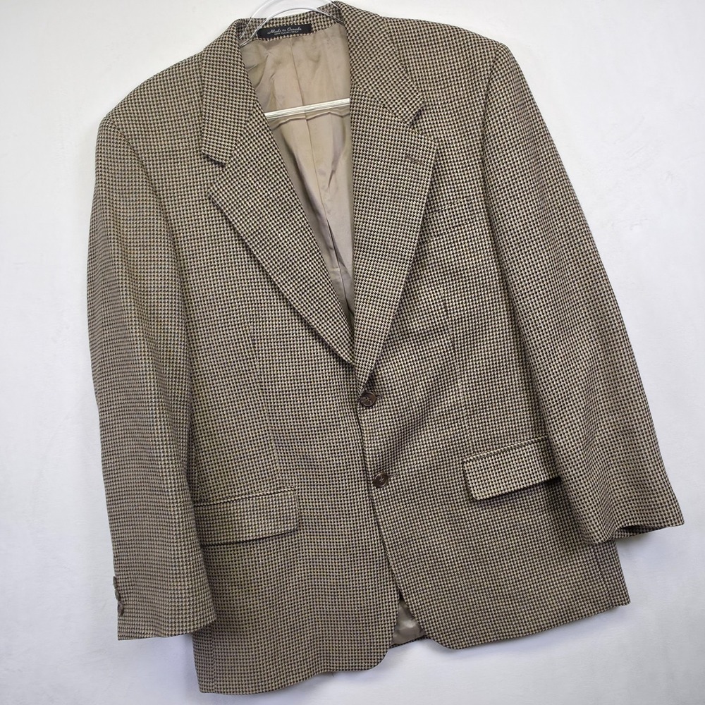 Kasper Suit Jacket Mens 41R Brown Black Silk Wool Houndstooth Old Money Blazer‎